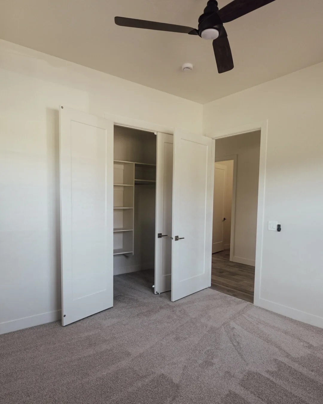 Bedroom with a walk-in closet and a ceiling fan